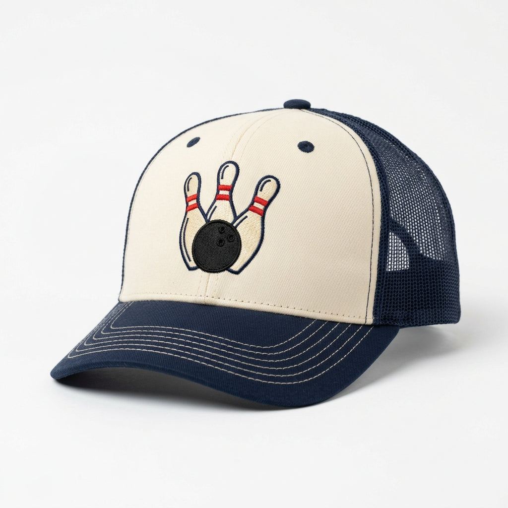 Vintage trucker cap with bowling pin logo